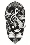 Incorporate a quill pen, book and musical notes intertwined with hindu tattoo design idea