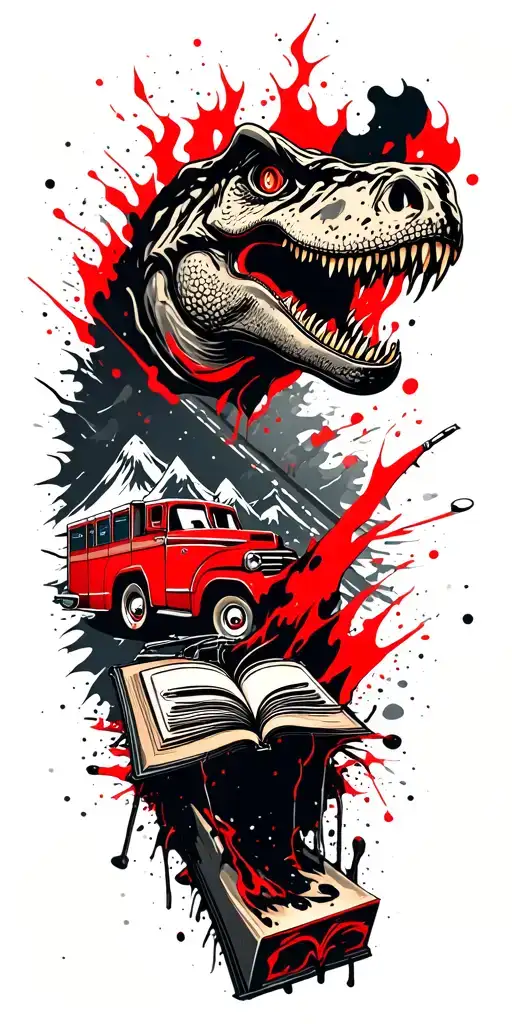 map with landmarks with road, mountains, trex fire truck, mountain bike drum set, cassette tape, book on fire, tattoo design idea