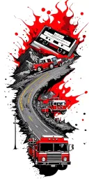 map with landmarks with road, mountains, trex fire truck, mountain bike drum set, cassette tape, book on fire, tattoo design idea