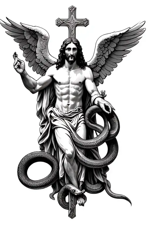 Jesus with cross with snake with angel tattoo design idea