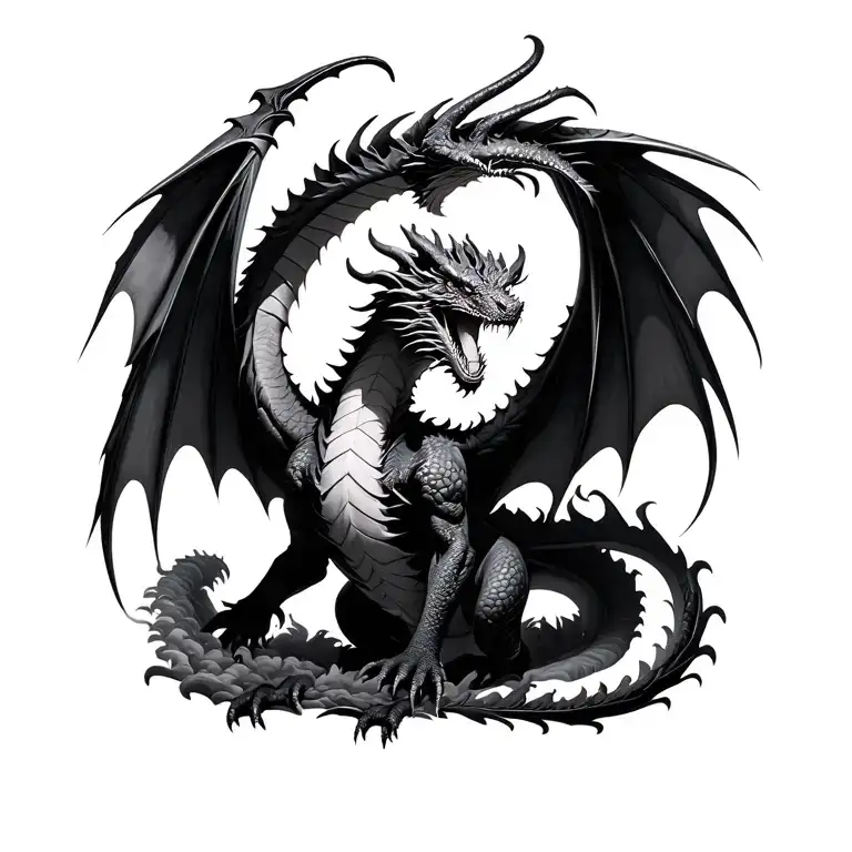 Realistic black and white dragon, rising like a phoenix, full body, wings spread wide, body spiraling upward, surrounded tattoo design idea
