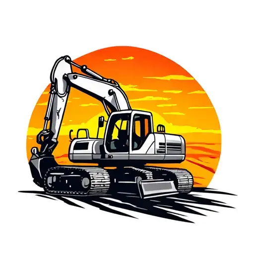A stylized silhouette of an excavator against a sunset backdrop, with bold lines and shading to emphasize the machine's power and presence tattoo design idea