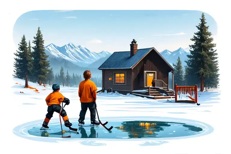 father and son playing pond hockey, mom watching from house, mountains and trees in background  tattoo design idea