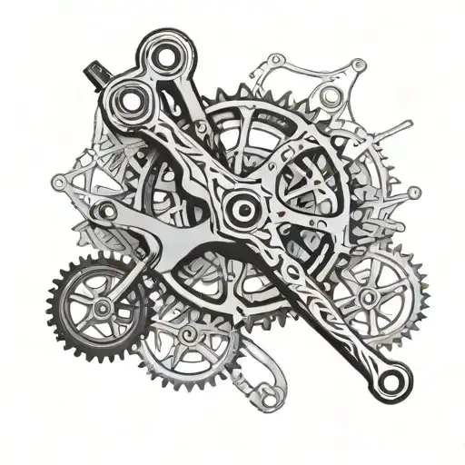 Mountain bike parts rear Derailleur, single speed front crank,Buddhis pray wheel and Buddhist prayer flag tattoo design idea