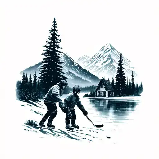 A father and son playing hockey together in a mountainous forest and lake setting, mom watching from shore, house nearby tattoo design idea