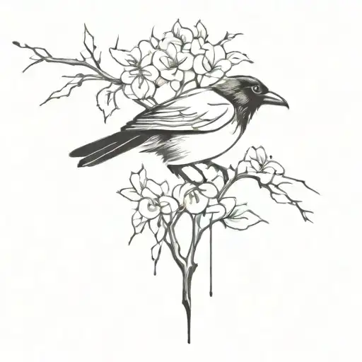 A crow has been pierced by a thorny branch and flowers are growing out of its eyes tattoo design idea