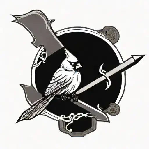 simple cardinal perched on a cross shaped sword tattoo design idea