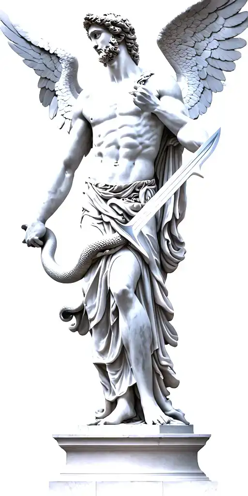 st Michael the archangel as a marble statue slaying the serpent with a sword. Add a minimal abstract element. tattoo design idea