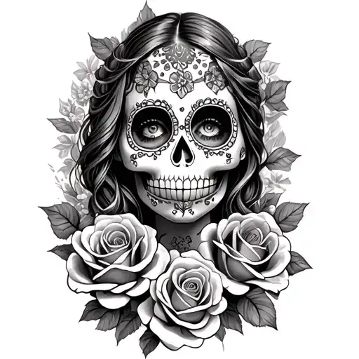 girl sugar skull surrounded by roses tattoo design idea