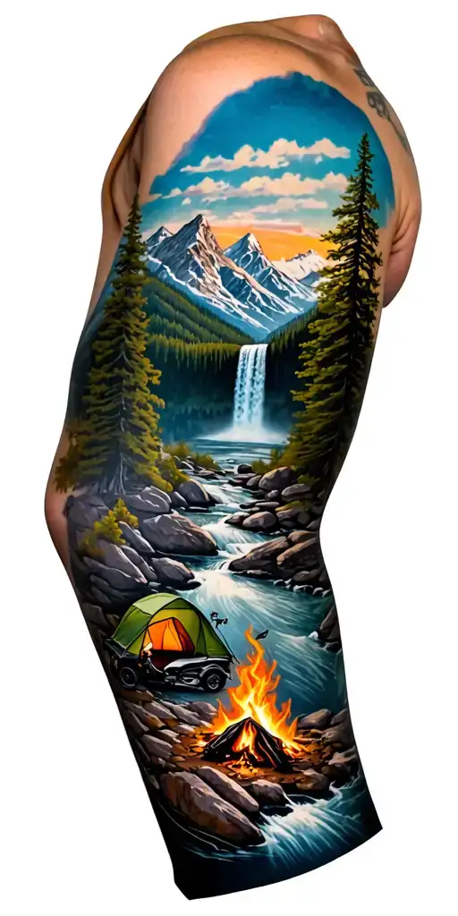 Full sleeve depicting mountains; waterfall; river; forest; camping scene with a dome tent, fire, and a Suzuki DRZs.  tattoo design idea