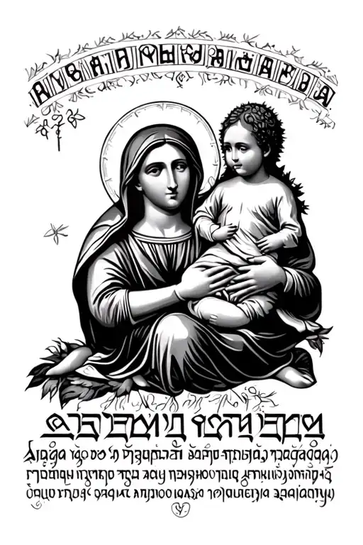 Amharic wording with Mary holding baby Jesus Christ tattoo design idea