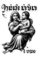 Amharic wording with Mary holding baby Jesus Christ tattoo design idea