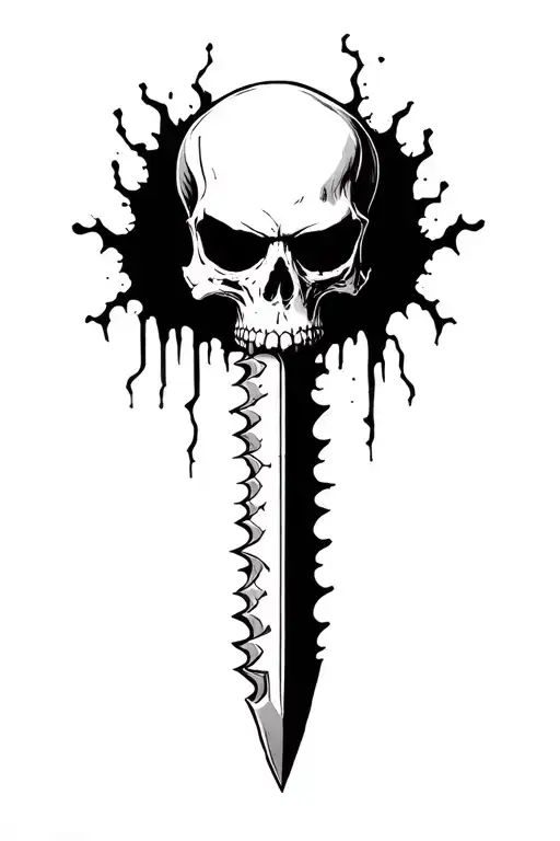 serrated blade, skull head, massacre tattoo design idea