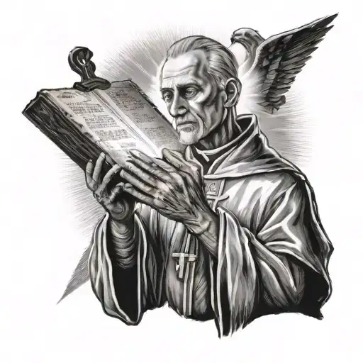 A detailed tattoo of a priest holding a Bible and praying, with rays of light shining down on him, representing worship and faith tattoo design idea