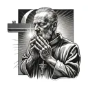 A detailed tattoo of a priest holding a Bible and praying, with rays of light shining down on him, representing worship and faith tattoo design idea