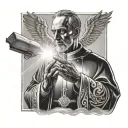 A detailed tattoo of a priest holding a Bible and praying, with rays of light shining down on him, representing worship and faith tattoo design idea