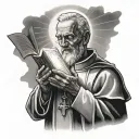 A detailed tattoo of a priest holding a Bible and praying, with rays of light shining down on him, representing worship and faith tattoo design idea