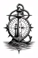 compass, anchor, rope, lighthouse, bridge in background   tattoo design idea