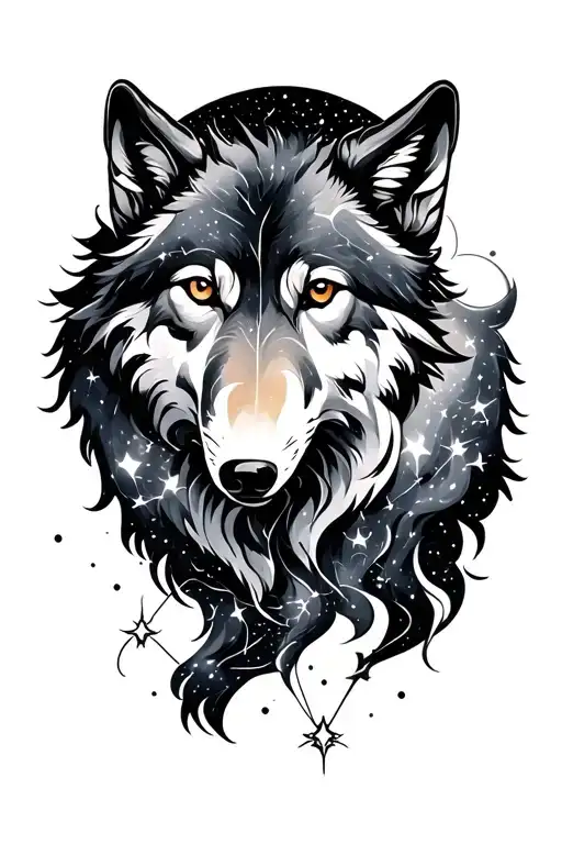 wolf, Sagittarius constellation, full moon merging together tattoo design idea