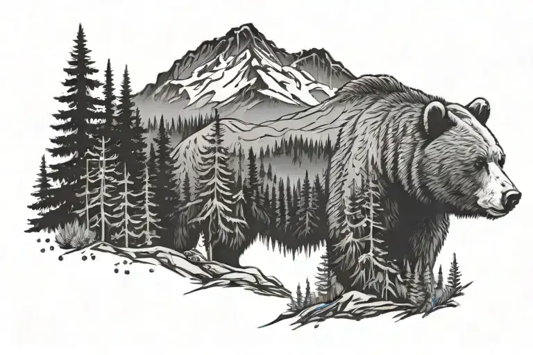 Nature bear mountains forest with fireweed  tattoo design idea