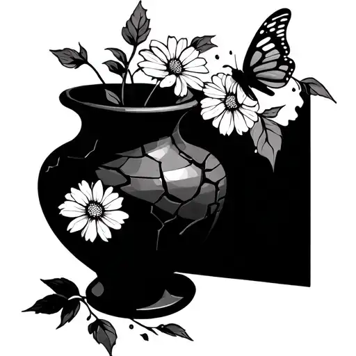 cracked Greek Vase with vines and a flower growing out through the cracks and a tattered butterfly on the flower tattoo design idea
