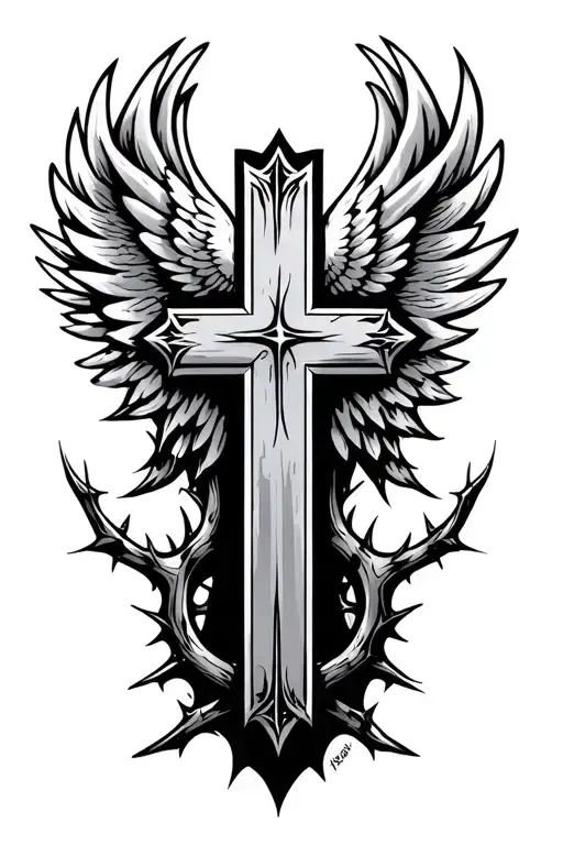 cross with wings and thorns  tattoo design idea
