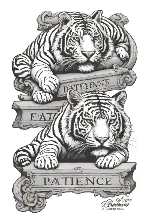 two granite statues or tigers laying down with the names "Patience" and "Fortitude" on scroll-style plaques under each tattoo design idea