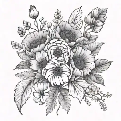flower bouquet with names and birth flower bouquet Payton daisey Connor daisey Mati poppy Lyla Lilly Emerson violet tattoo design idea