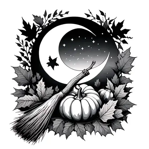 broom In front of crescent moon fall leaves and pumpkin tattoo design idea