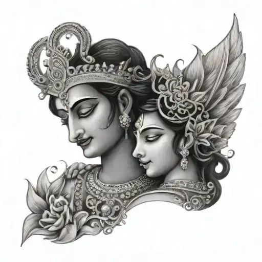 "An intricate, elegant design of Radha and Krishna in a divine embrace, showing their eternal love and unity. Radha’s he tattoo design idea