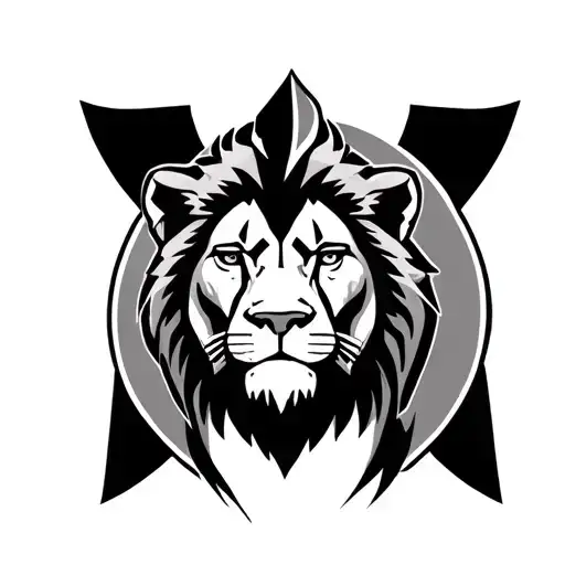 The lion standing in front has its face visible from one side, a Spartan standing behind it, both faces visible from the tattoo design idea