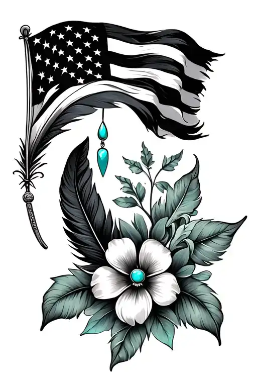 feathers with american flag and black and turquoise western jewelry, flowers, with , with green leaves tattoo design idea