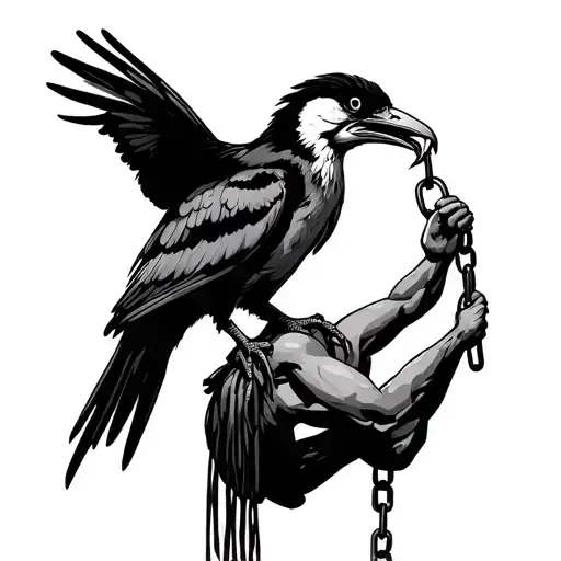 Cuervo perched on a human crane that is biting a chain tattoo design idea