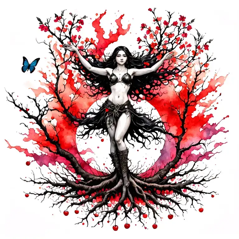 woman warrior with legs turning to roots reaching deep arms up turning to branches with small cherry flowers and butterf tattoo design idea