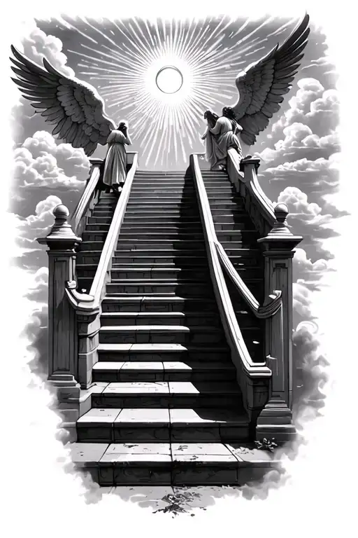 stairway to heaven walking up stairs angels sun rays clouds heaven gate at the top of the stairs  tattoo design idea
