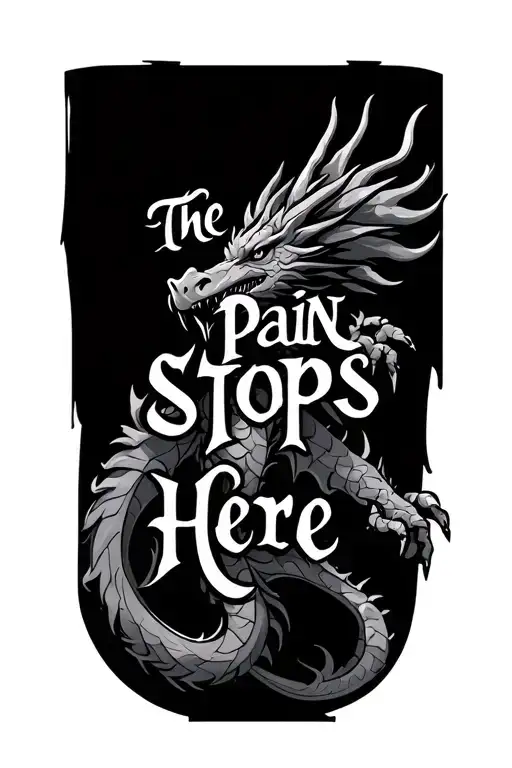 "The Pain Stops Here" Dragon theme background representing strength and resilience tattoo design idea