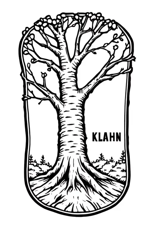 outdoor landscape with the last name Klahn in a tree trunk tattoo design idea