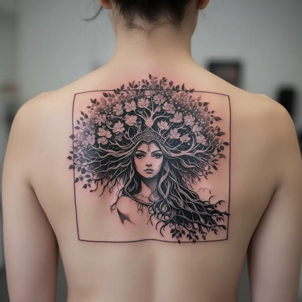 freya goddess, tree, whimsical, simple tattoo design idea