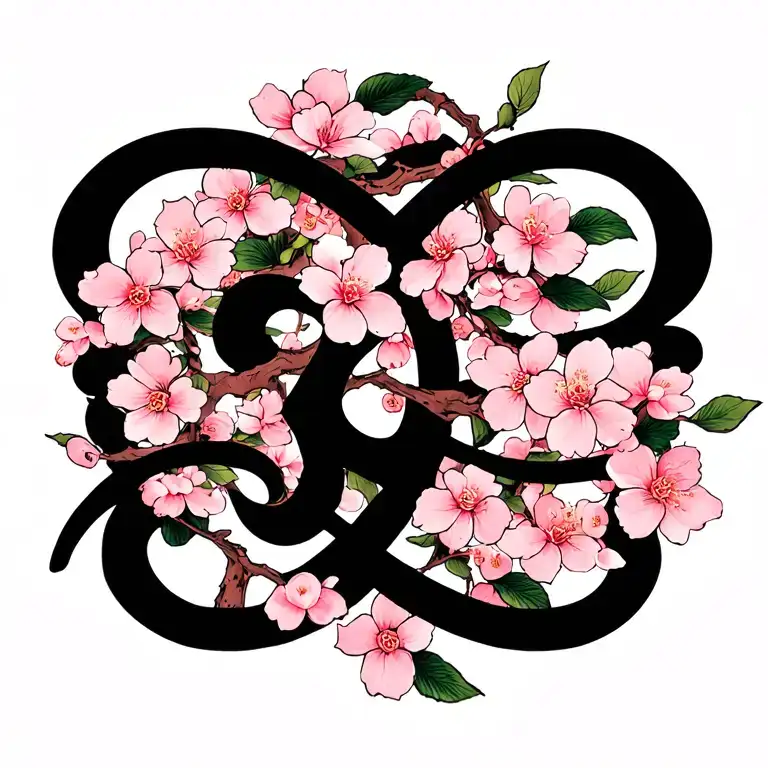 cherry blossoms and vines wrapped on Gemini symbol tattoo design idea