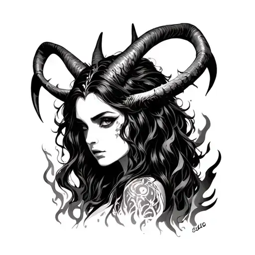 demon woman horns and fire tattoo design idea