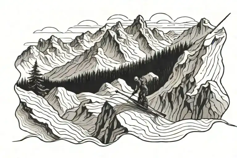 skier carving down a mountain landscape tattoo design idea