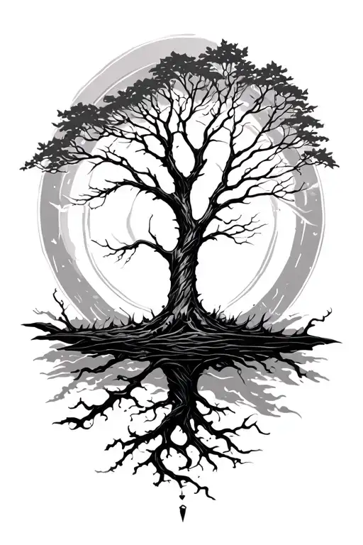 A black and white tattoo design symbolizing transformation and harmony. The composition starts with dry, leafless trees  tattoo design idea