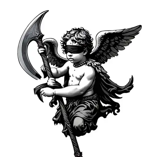 cherub blindfold holding scythe  tattoo design idea