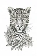 Leopard print surrounding flowers with Leopard face hidden in the middle tattoo design idea