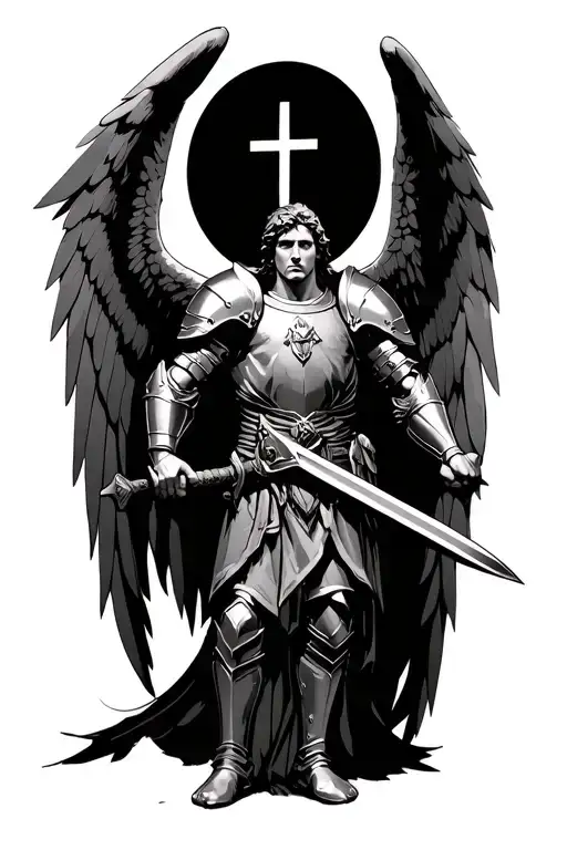 "Saint Michael the Archangel in full battle armor, black and gray style, with wings outstretched and sword raised, stand tattoo design idea