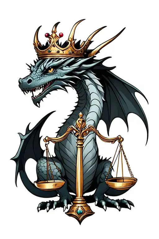a dragon wearing a queens crown holding a libra scale tattoo design idea