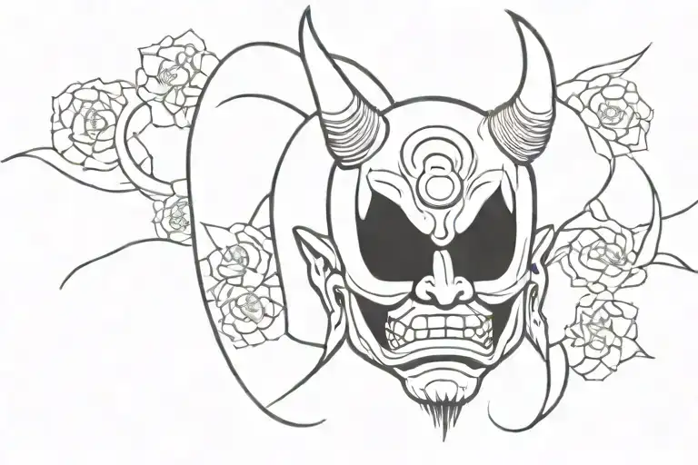A Japanese oni mask broken in two, in between a shadow like face looking, all of this surrounded by Japanese flower tattoo design idea