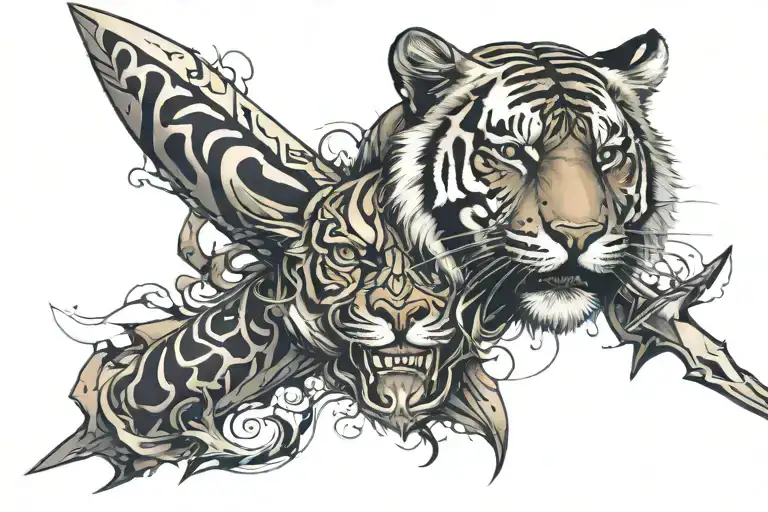 a dagger going into a tigers head tattoo design idea