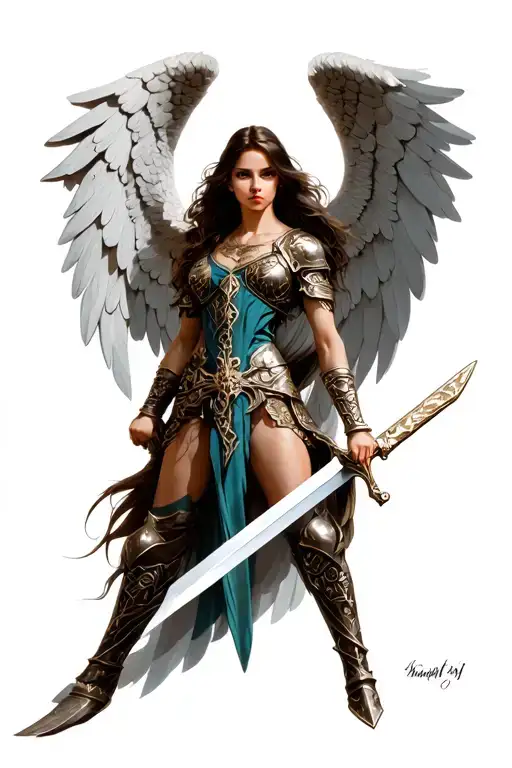 female warrior angel holding a sword tattoo design idea
