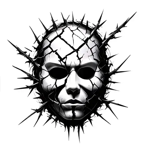 Central cracked porcelain mask (two-face),  chaos: glitch lines, splitting, thorned barbed wire psychosis, drugs, smoke tattoo design idea